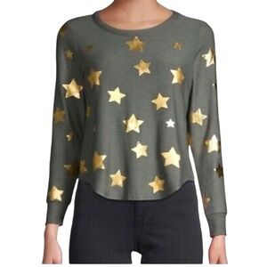 CHASER Olive Green Top with Gold Stars L/S T-Shirt Size Small